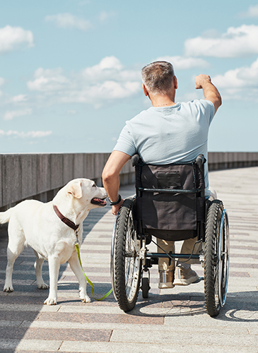 Man outside during sunny day in wheelchair with his dog